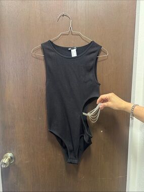 Black  Ribbed One-Piece Bodysuit with side diamond chains